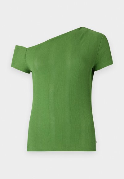 Green ribbed t-shirt with a one-shoulder design. Short sleeve on one side and fitted cut. Smooth texture and mid-length hem.