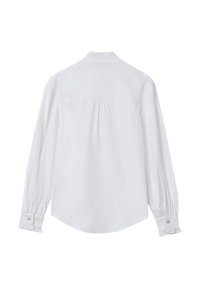 White long-sleeve button-up shirt, featuring a soft fabric, rounded hem, and gathered details at shoulders and cuffs. No visible patterns or accents.