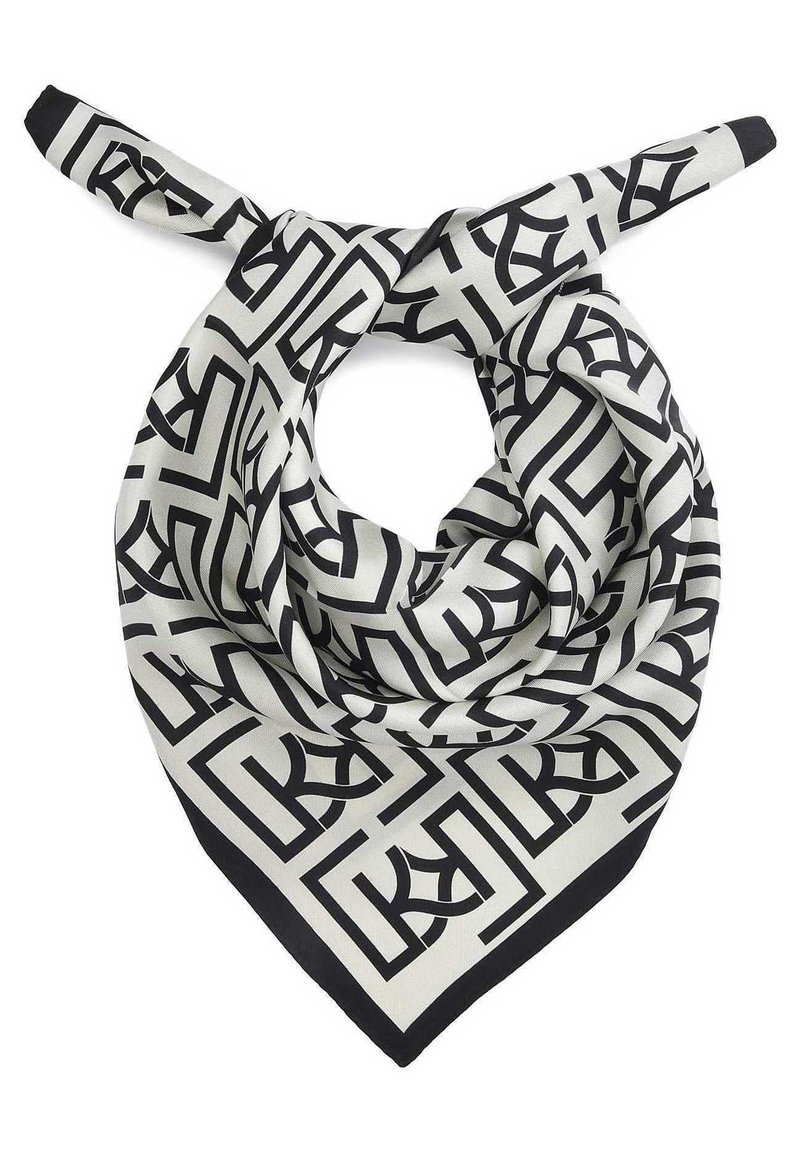 Jedwabny szalik z geometrycznym wzorem w czerni i bieli, z jednolitym czarnym obramowaniem i węzłem w jednym rogu.