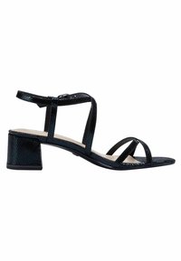 Schwarze High Heels Sandalen aus strukturiertem Material mit dünnen Riemen. Besitzen eine quadratische Zehenpartie und einen niedrigen Blockabsatz für Stabilität.