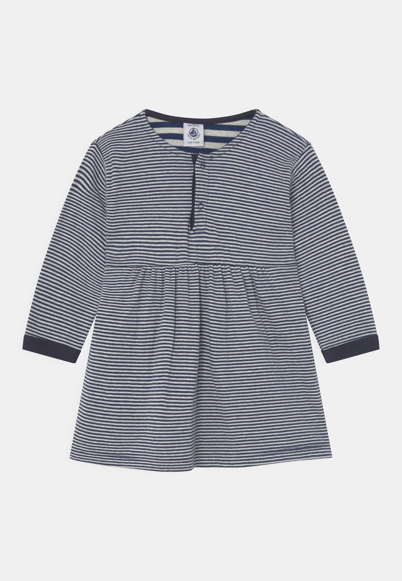 Langärmliges Kleid in Blau- und Weißstreifen mit Rundhalsausschnitt, Knopfleiste und gerafftem Bund. Weicher Baumwollstoff.