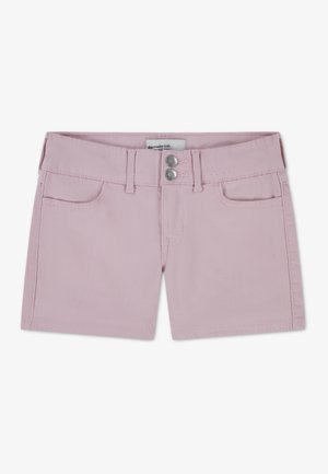 Pantaloni scurți din denim roz, cu o talie prevăzută cu două nasturi metalici, buzunare frontale și textură netedă. Design simplu, fără modele.