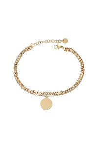 Bracciale in tono dorato con catene sovrapposte e ciondolo a forma di cerchio. Chiusura con gancio a molla e catena regolabile.