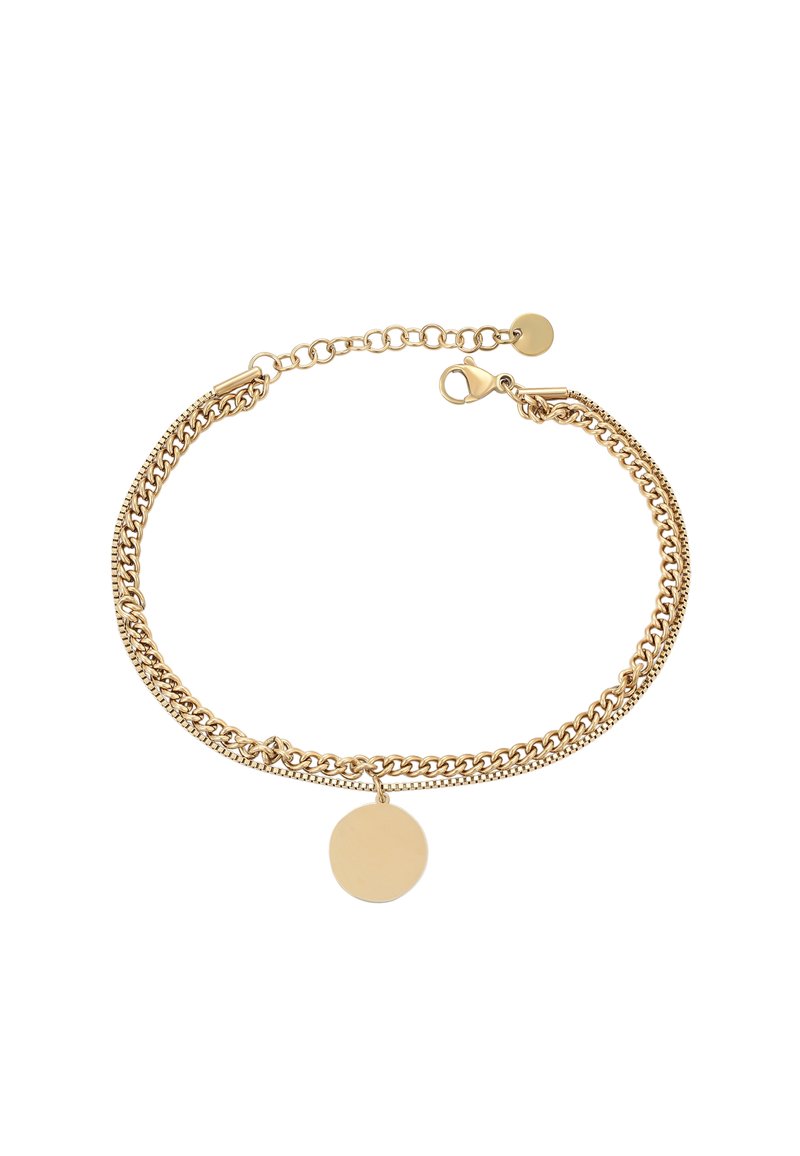 Bracciale in tono dorato con catene sovrapposte e ciondolo a forma di cerchio. Chiusura con gancio a molla e catena regolabile.