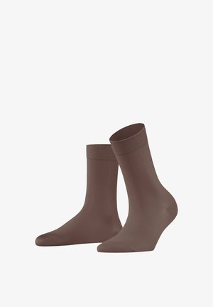 Braune Baumwollmischsocken mit einem gerippten Bund und glatter Textur, mit einer Höhe bis zur Mitte der Wade und nahtloser Zehenkonstruktion.