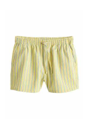 Žlté a svetlomodré krátke nohavice s vertikálnymi pruhmi, elastickým pásom, prednými vreckami a šnúrkou na zaväzovanie.