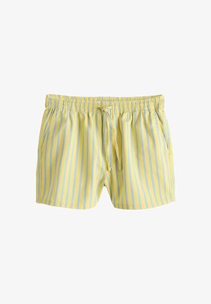 Pantaloni scurți cu dungi verticale galbene și albastre deschis, cu talie elastică, buzunare frontale și șnur legat.