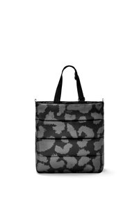 Bolso tote acolchado en negro y gris con patrón floral abstracto, dos asas negras para el hombro y el logo "Larkson Hamburg" en el frente.