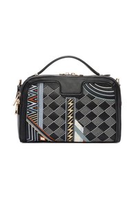 Bolso de mano de cuero negro con un patrón geométrico que presenta acentos coloridos. Incluye cierre de cremallera y un asa superior para llevar.