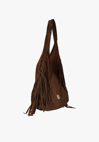 Borsa a spalla in suede marrone con lunghe frange su un lato, dotata di una singola tracolla e di un piccolo accento metallico.