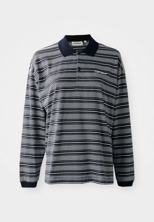 Langärmeliges Poloshirt in navyblauen und weißen Streifen, aus Baumwollstoff, mit Kragen, einer Drei-Knopf-Leiste und einem kleinen gestickten Logo auf der Brust.