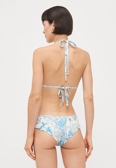 Dvivietis bikinis su kaklo raišteliu ir reguliuojamomis juostomis. Funkcija - šviesus fonas su sudėtingais mėlynais raštais, vaizduojančiais jūros gyvūniją.
