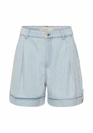 Hellblaue Jeans-Shorts mit umgeschlagenen Säumen, Gürtelschlaufen, Frontreißverschluss, Knopfverschluss und Seitentaschen.