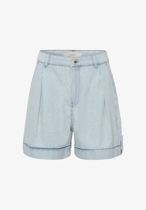Hellblaue Jeans-Shorts mit umgeschlagenen Säumen, Gürtelschlaufen, Frontreißverschluss, Knopfverschluss und Seitentaschen.
