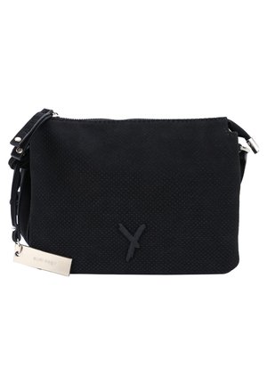 Black textured crossbody bag with zipper closure, small silver brand tag, and subtle front logo detail on plain white background.