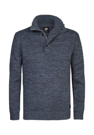 Suéter de punto azul marino para hombre con un cuello alto, detalle de botones y tela texturizada. Presenta puños y dobladillo acanalados.