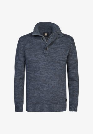 Suéter de punto azul marino para hombre con un cuello alto, detalle de botones y tela texturizada. Presenta puños y dobladillo acanalados.