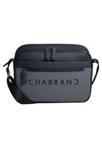 Borsa a tracolla nera compatta con un esterno liscio e opaco, dotata di due scomparti con cerniera e un logo ben visibile sul frontale.