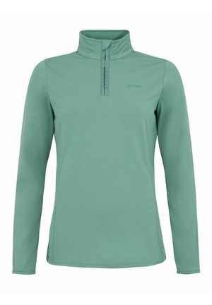 Mintgrøn langærmet pullover med høj krave, kvart lynlås og diskret logo på brystet. Fremstillet af glat, let stof.