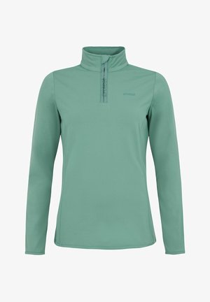 Suéter de manga larga en verde menta con cuello alto, cremallera de un cuarto y logotipo sutil en el pecho. Hecho de una tela suave y liviana.