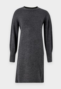 Robe en tricot gris foncé avec un col rond et des manches longues bouffantes. Dotée de poignets côtelés et d'une texture lisse sur toute la surface.