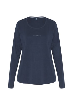 Navy long-sleeve shirt made of soft fabric, featuring a rounded neckline and a small logo in the center. Simple design with no patterns.