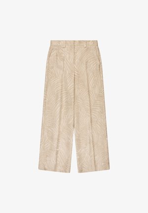 Beżowe spodnie o szerokich nogawkach z subtelnym wzorem liści palmowych, szlufkami na pasek i bocznymi kieszeniami.