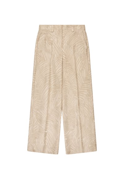 Pantaloni beige a gamba larga con delicato motivo a foglia di palma, passanti per cintura e tasche laterali.