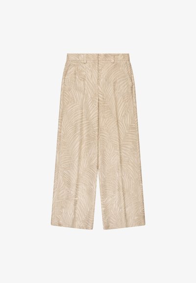 Pantaloni beige a gamba larga con delicato motivo a foglia di palma, passanti per cintura e tasche laterali.