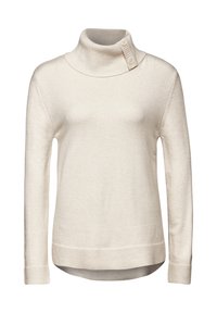 Maglione cremoso a maniche lunghe con scollo alto e dettaglio a due bottoni sul collo. Texture morbida e vestibilità rilassata con bordi a coste.