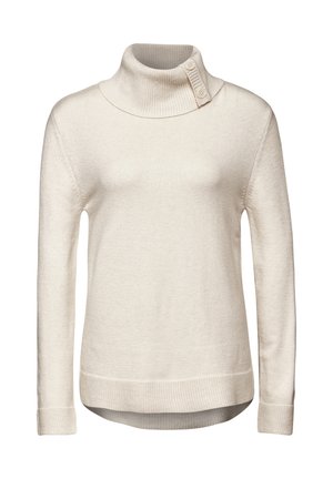 Pull crème à manches longues avec un col montant et un détail à deux boutons sur le col. Texture douce et coupe décontractée avec des bords côtelés.