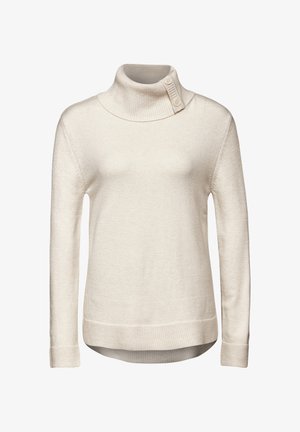 Cremfarbener, langärmeliger Pullover mit hohem Kragen und zwei Knopfdetails am Kragen. Weiche Textur und entspannter Schnitt mit gerippten Kanten.