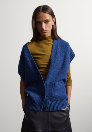 Frau trägt einen senfgelben Rollkragenpullover unter einer blauen gestrickten ärmellosen Strickjacke und einem dunklen Rock, steht mit den Händen in den Taschen.