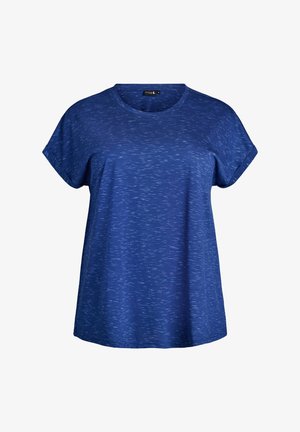 Locker sitzendes T-Shirt mit kurzen Ärmeln in Blau, versehen mit einem strukturierten, leicht melierten Muster. Rundhals-Ausschnitt und weicher, leichter Stoff.