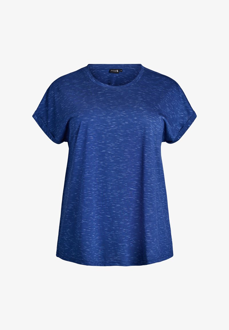 Minkštas, laisvai krentantis trumpas rankovėmis marškinėliai mėlynos spalvos su tekstūruotu, šiek tiek dryžuotu raštu. Apvali iškirptė ir minkšta, lengva medžiaga.