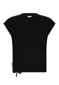 Czarna koszulka krótki rękaw z okrągłym dekoltem, luźny krój oraz mały sznurek u dołu. Metka na górnej części pleców.
