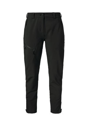 Schwarze Outdoor-Hosen mit schmalem Schnitt, aus feuchtigkeitsableitendem Material. Mit Reißverschlusstaschen und verstärkten Knietaschen für zusätzliche Haltbarkeit.