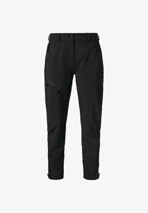 Schwarze Outdoor-Hosen mit schmalem Schnitt, aus feuchtigkeitsableitendem Material. Mit Reißverschlusstaschen und verstärkten Knietaschen für zusätzliche Haltbarkeit.