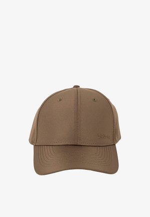 Gorra marrón con un diseño estructurado, fabricada en tela sólida, con detalles de costuras y orificios de ventilación en la corona. Logotipo de la marca visible.