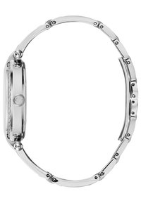 Orologio in acciaio inox argentato con cassa rettangolare, bracciale a maglie, finitura lucida e un logo circolare sul lato.