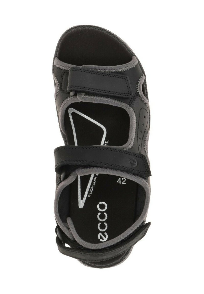 Sandale noire avec des sangles Velcro réglables, semelle intérieure rembourrée et accents gris. Possède un design ergonomique et le logo "ECCO" sur la semelle. Taille 42.
