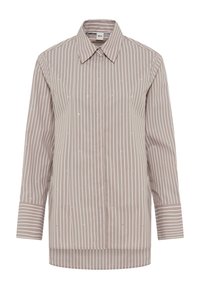 Light brown button-up shirt with white vertical stripes and small silver embellishments. Features a pointed collar and long sleeves.