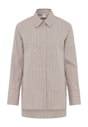 Light brown button-up shirt with white vertical stripes and small silver embellishments. Features a pointed collar and long sleeves.