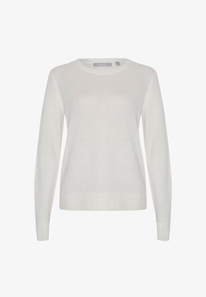 Weißer Strickpullover mit Rundhalsausschnitt, langen Ärmeln und geripptem Saum. Weiche Textur mit leichtem Gewebe, ideal zum Schichten.