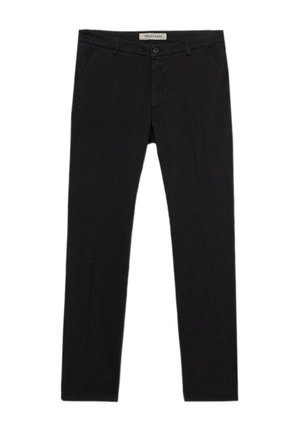 Czarne dopasowane spodnie z przodu z kieszeniami, zapięciem na guzik oraz metką w pasie z napisem "Trussardi."