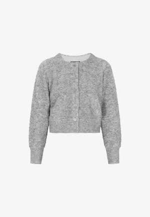 Cárdigan gris y esponjoso con un escote redondeado, botones en la parte frontal y puños acanalados. Textura suave y diseño cortado, adecuado para superposiciones.