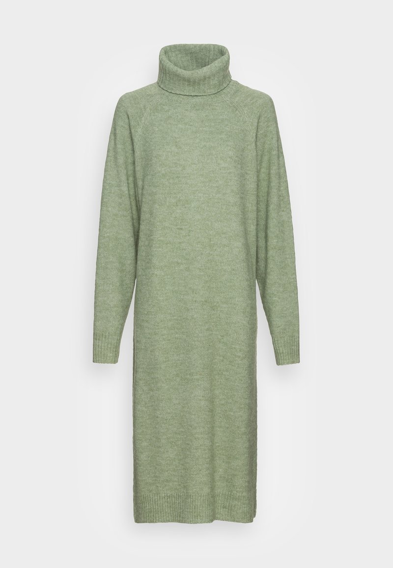 Vestito a maglia lungo verde con collo alto, manicotti e orlo a costine. Realizzato in un morbido tessuto a maglia texturizzato. Silhouette dritta.