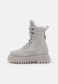 Gray suede lace-up boots with a chunky rubber sole, featuring a soft fur accent on the collar and metal eyelets for laces.