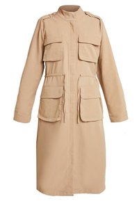 Trench-coat beige avec un col montant, des manches longues, quatre poches avant et une taille avec cordon de serrage. Tissu lisse et coupe longueur genou.