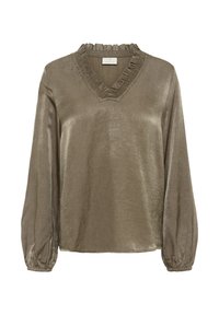 Olijfgroene blouse met een V-hals en gerimpelde afwerking. Lange puffmouwen met elastische manchetten. Glad, iets glanzende textuur.